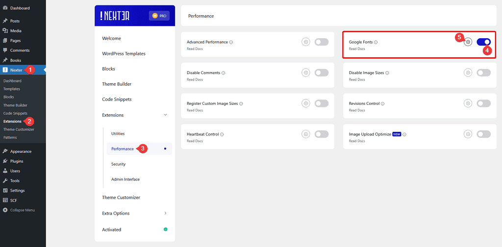 How to Self-Host Google Fonts in WordPress for FREE? Google Fonts settings in Nexter Extension, Performance section with toggle and gear icon