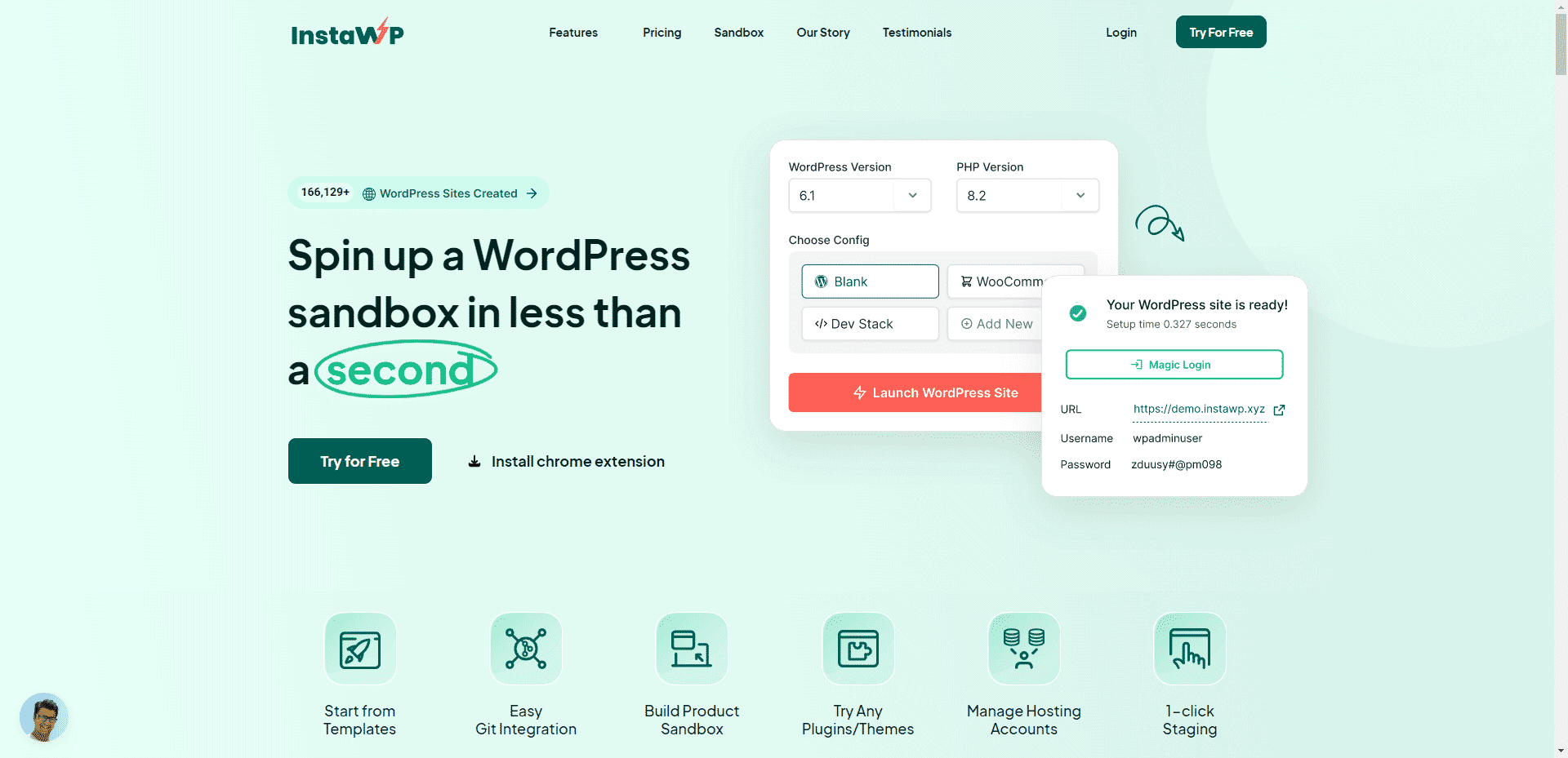 InstaWP dashboard creating an instant WordPress sandbox site