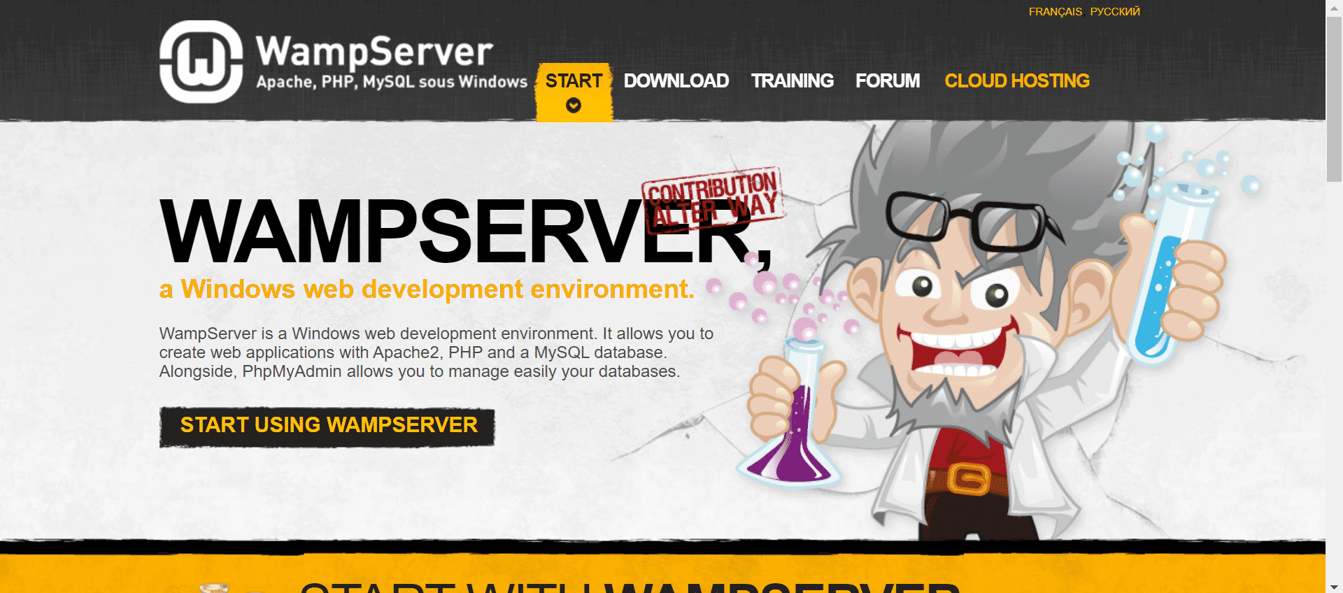 WampServer menu on Windows showing Apache, PHP and MySQL options