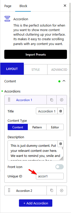 How to set an anchor link to an accordion item in WordPress?