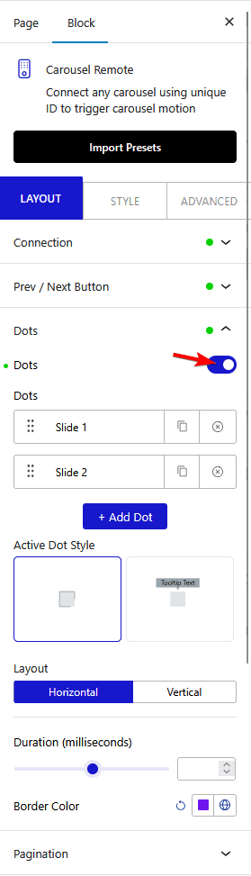 How to connect Carousel Remote Sync (Dots & Arrows) with WordPress Testimonials Block?