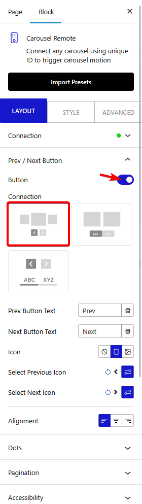 How to connect Carousel Remote Sync (Dots & Arrows) with WordPress Testimonials Block?