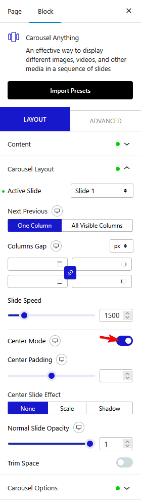 How to increase size of Center slide in WordPress Carousel?