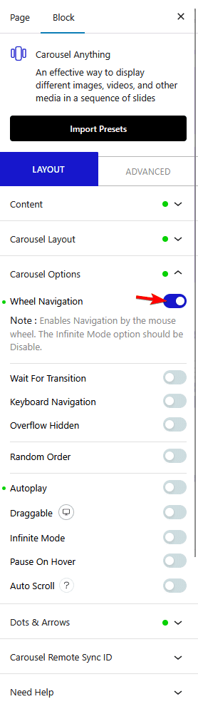 How to change Carousel slides on mousewheel in WordPress?