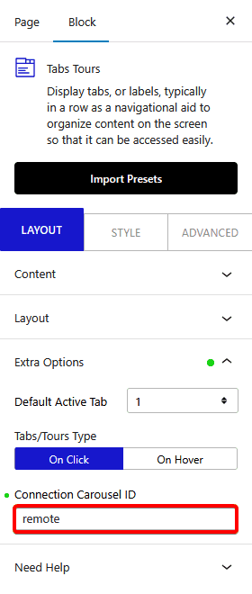How to connect a Carousel Remote Sync with WordPress Tabs Tours Block?