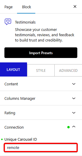How to connect Carousel Remote Sync (Dots & Arrows) with WordPress Testimonials Block?