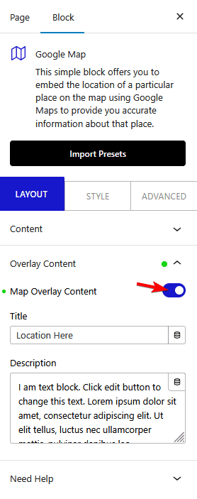 How to add Text info overlay above Google Maps in WordPress?