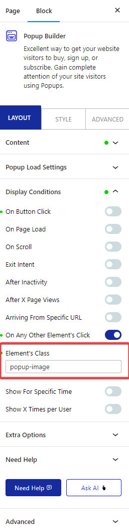 How to show WordPress Popup on link Click of other Element using selector?
