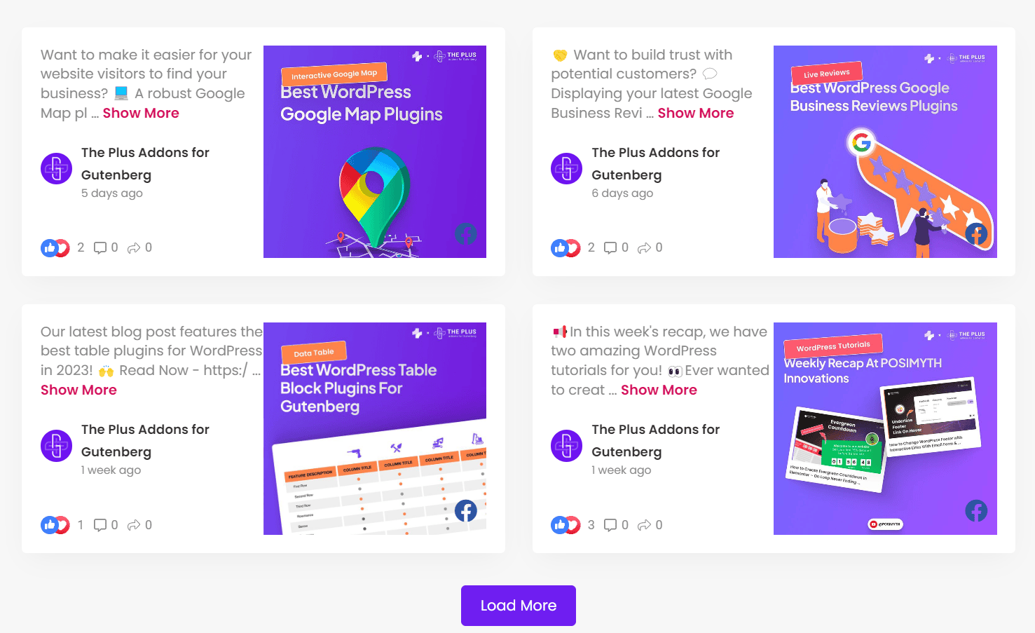 Sample Facebook feed embedded using Nexter Blocks Facebook Feed plugin on a WordPress site