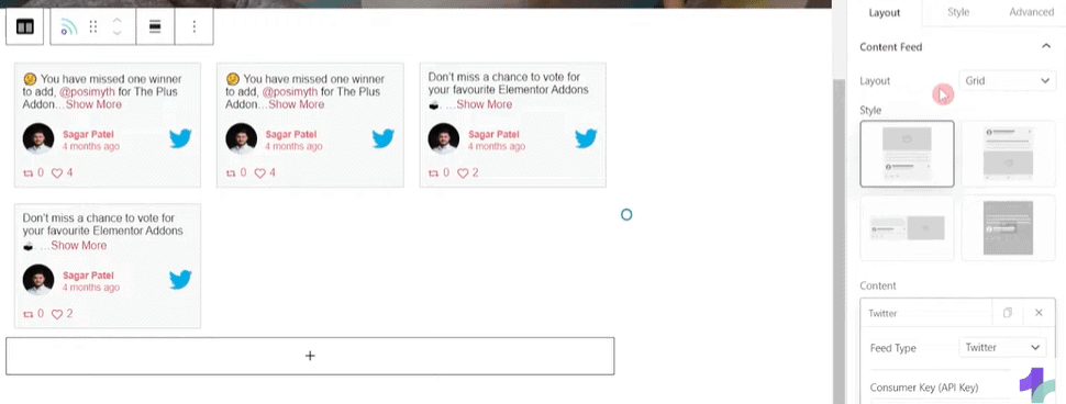 Multiple feed layout options in the Nexter Blocks Twitter feed plugin