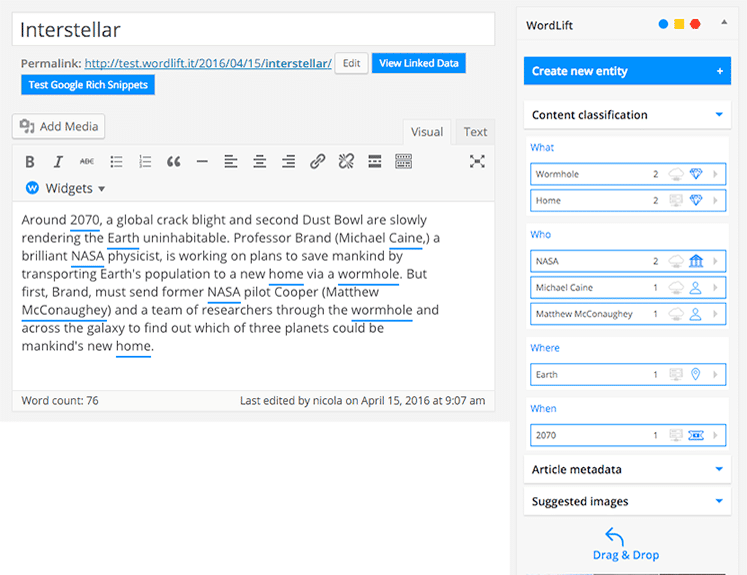 5 Best WordPress SEO Plugins Using AI in 2026 WordLift SEO optimization panel with entity detection and schema markup