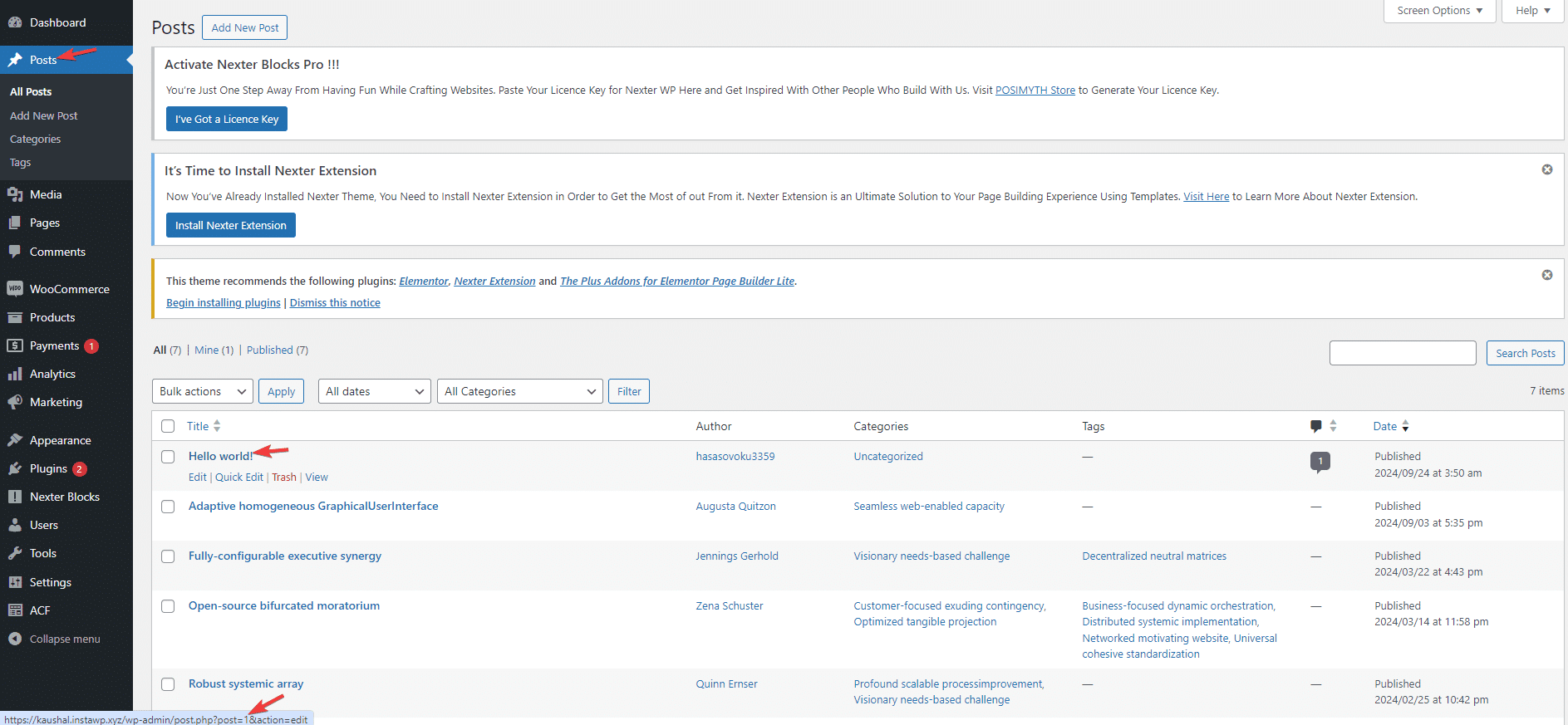 How to Exclude Blog Post Based on Post ID in WordPress? Finding post ID in the WordPress Dashboard Posts list - Nexter Blocks