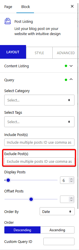 How to Exclude Blog Post Based on Post ID in WordPress? Exclude Post(s) field in the Post Listing block Query tab - Nexter Blocks