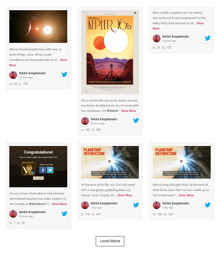 Sample Twitter feed created using the Nexter Blocks social feed plugin on a WordPress site