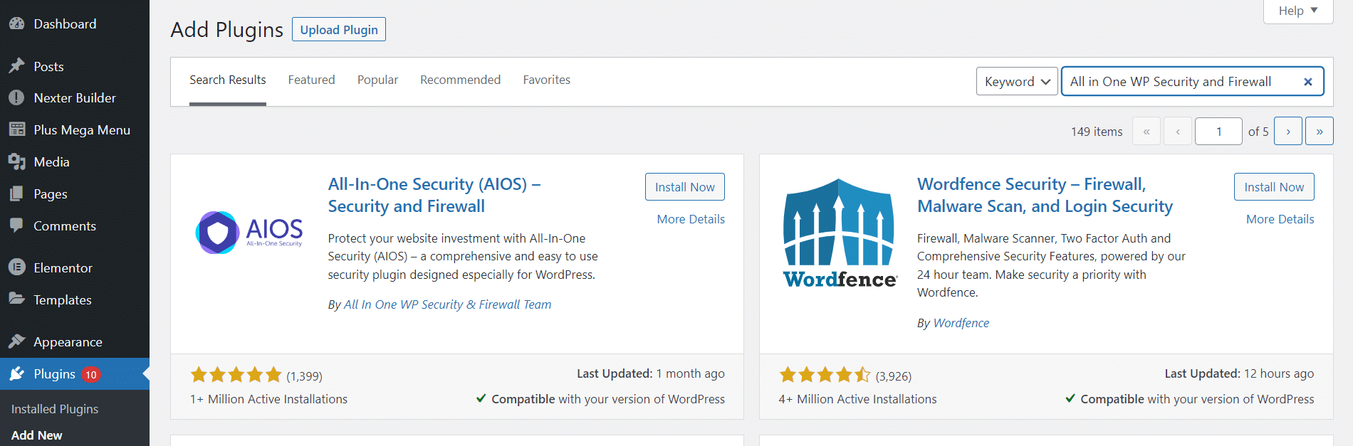 WordPress Plugins page showing Add New button to install the Regenerate Thumbnails plugin
