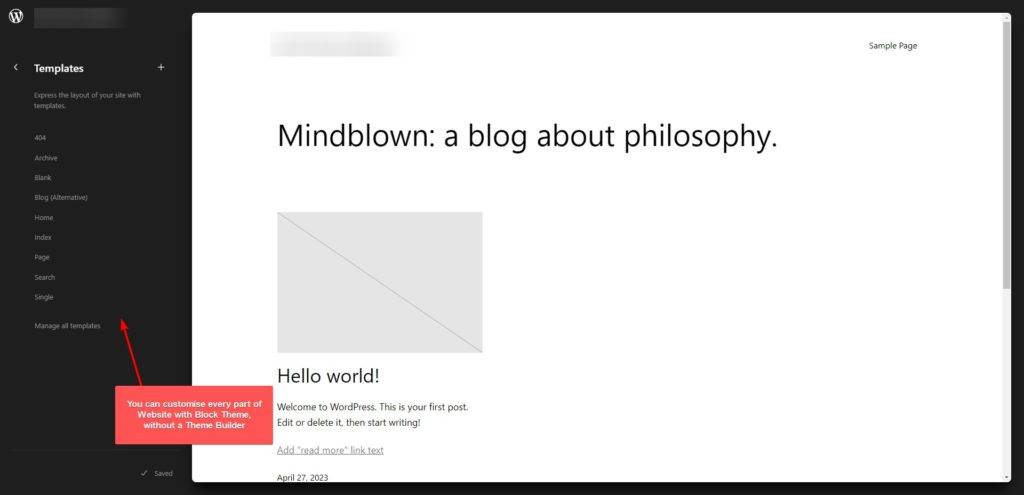 WordPress Full Site Editor block theme interface
