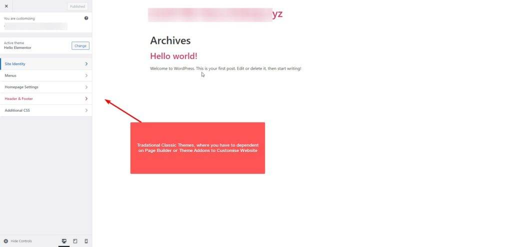 WordPress classic theme Customizer panel interface