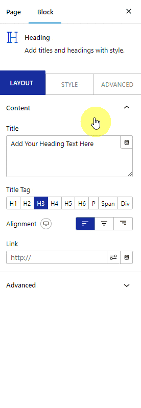 How to Add Dynamic Content in WordPress Gutenberg? (ACF, Tooltips, MetaBox, Pods, JetEngine) Dynamic Content cylindrical icon in Nexter Blocks Heading block Title field