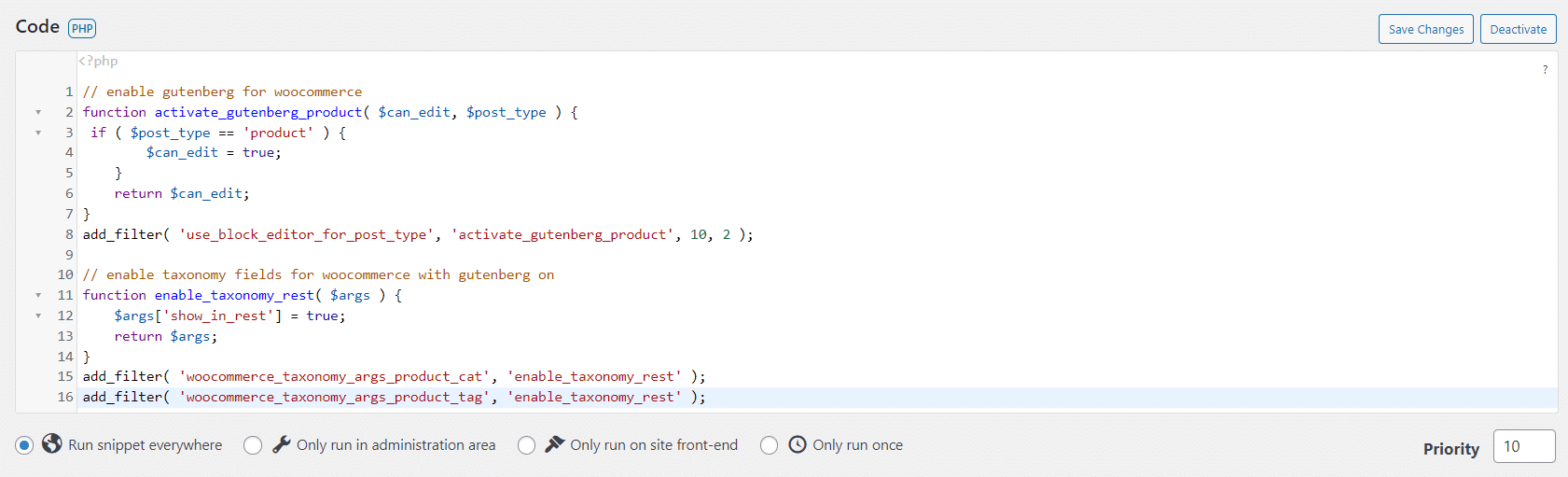 Adding the enable-Gutenberg code snippet in the Code Snippets editor