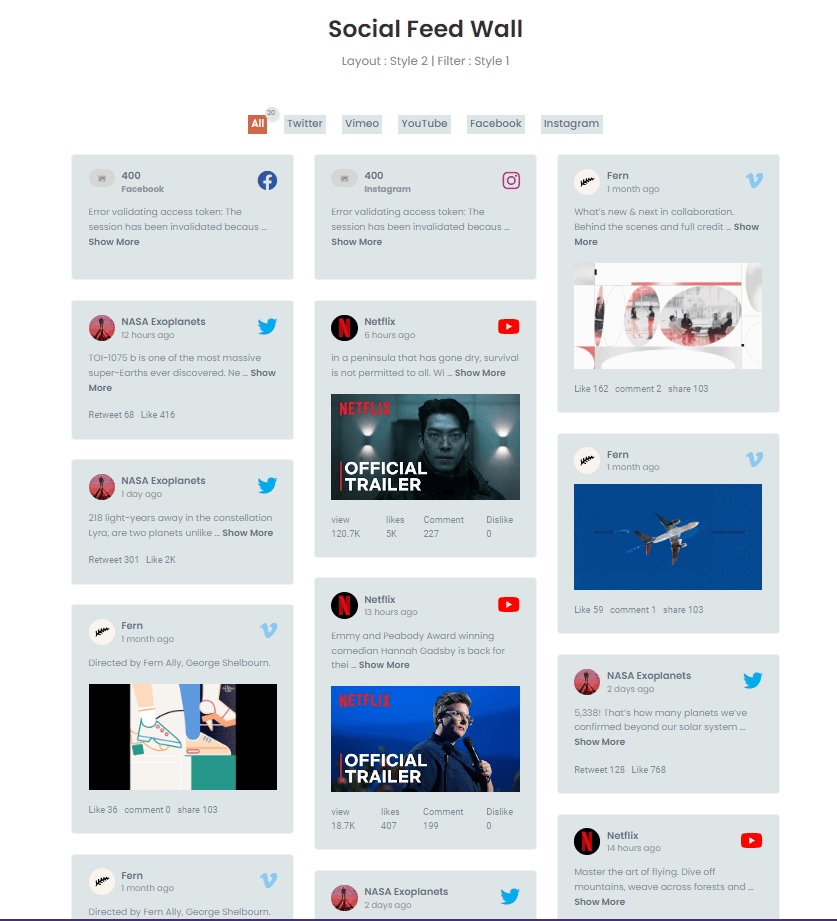 Multi Social Feed block in Nexter Blocks showing combined social media feed from multiple platforms