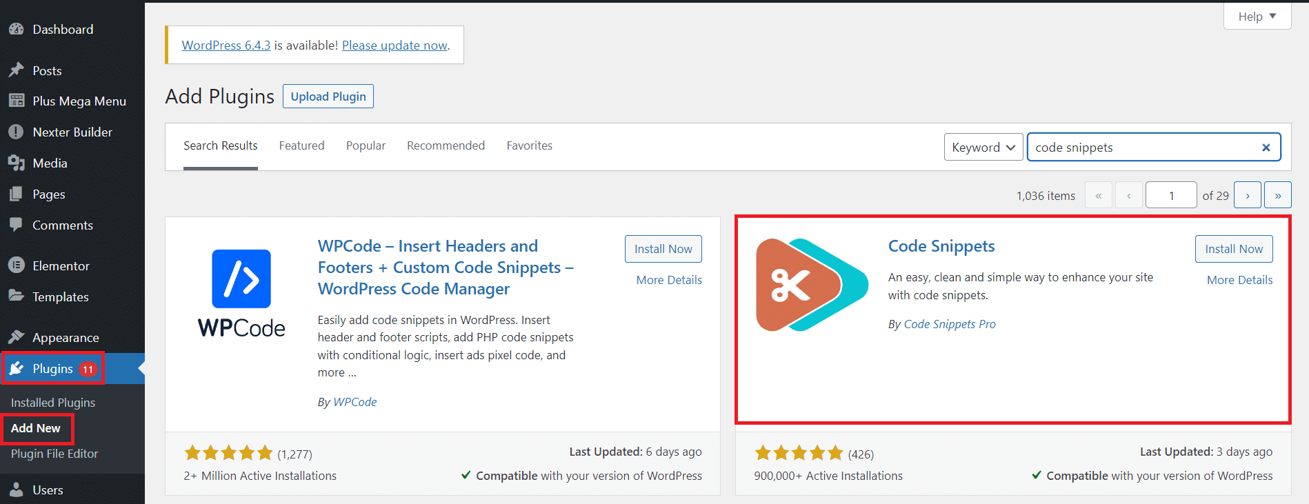 Installing the Code Snippets plugin from the WordPress plugin directory