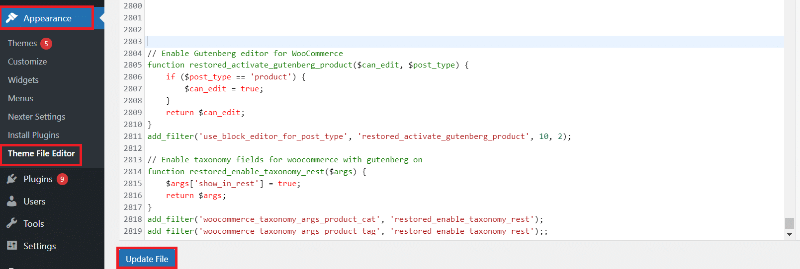 Editing the theme functions.php file in the WordPress Theme File Editor