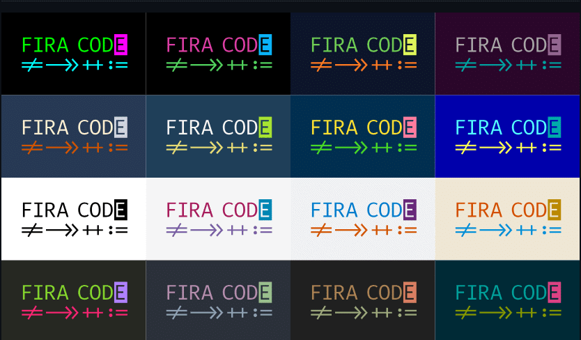 Fira Code programming font preview showing ligatures