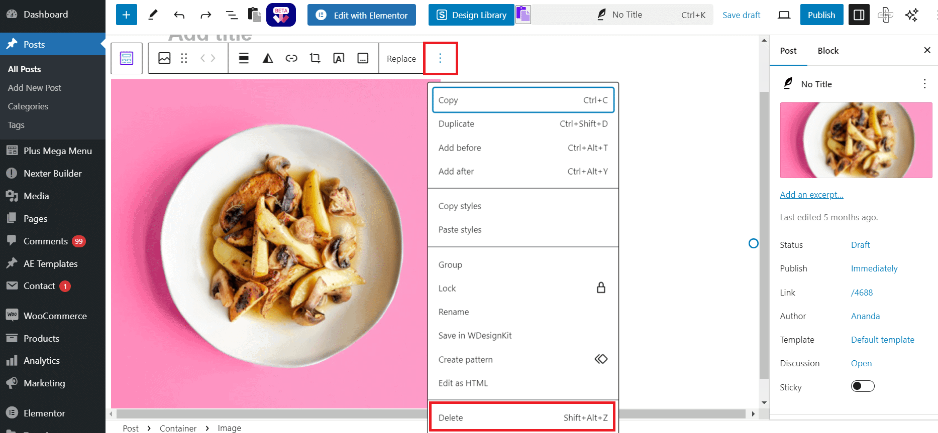 Delete option in the WordPress post editor three-dot block menu to remove a duplicate image