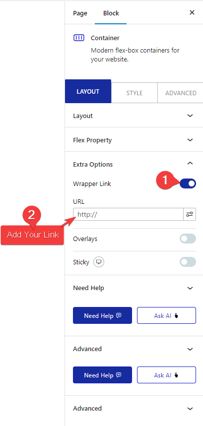How to Make a Clickable Container in WordPress? Container block Extra Options tab showing Wrapper Link toggle in Nexter Blocks