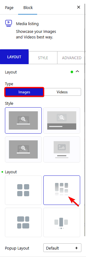 Media Listing block masonry layout setting in Nexter Blocks