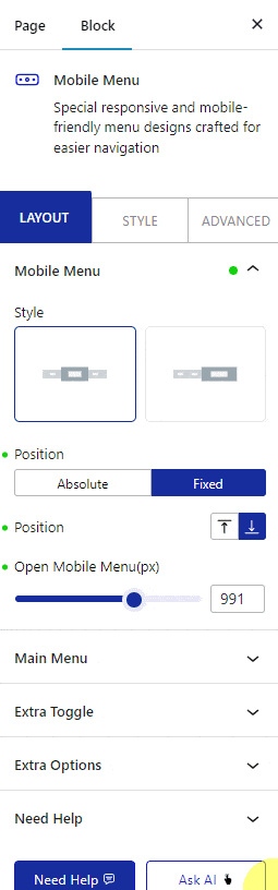 Mobile Menu block Position Fixed setting in Nexter Blocks