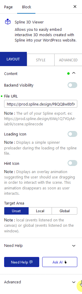 Spline 3D Viewer backend visibility toggle in Nexter Blocks