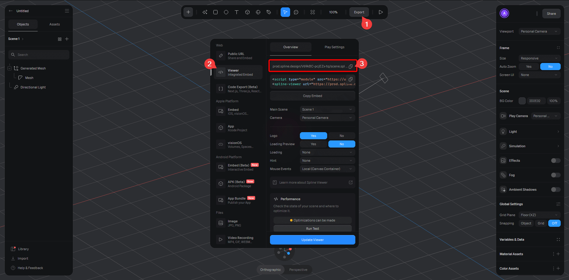 Exporting a 3D object from Spline for the WordPress Spline 3D Viewer block