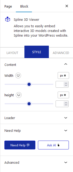 Spline 3D Viewer style settings in Nexter Blocks