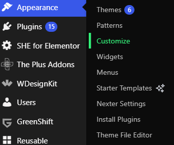 Opening Appearance then Customize in the WordPress dashboard with the Nexter theme
