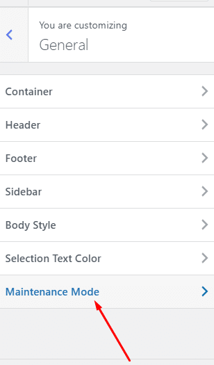 Nexter theme Customizer showing the General then Maintenance Mode settings panel