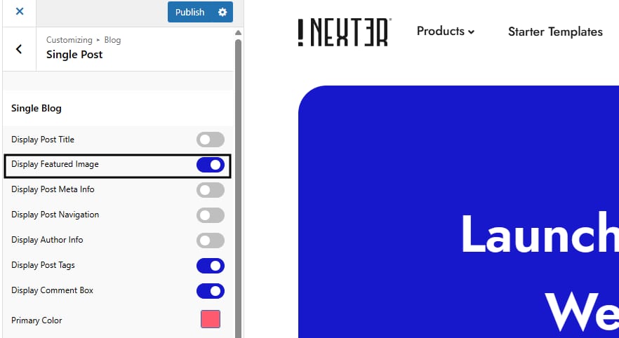 WordPress Customizer Single Post panel with the Display Featured Image toggle turned off in Nexter Theme