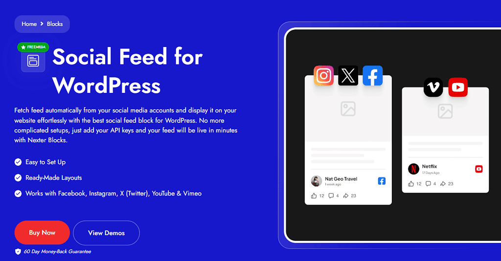 Facebook Feed by Nexter Blocks plugin homepage