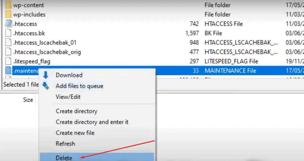 Deleting the .maintenance file from the WordPress root folder using a file manager