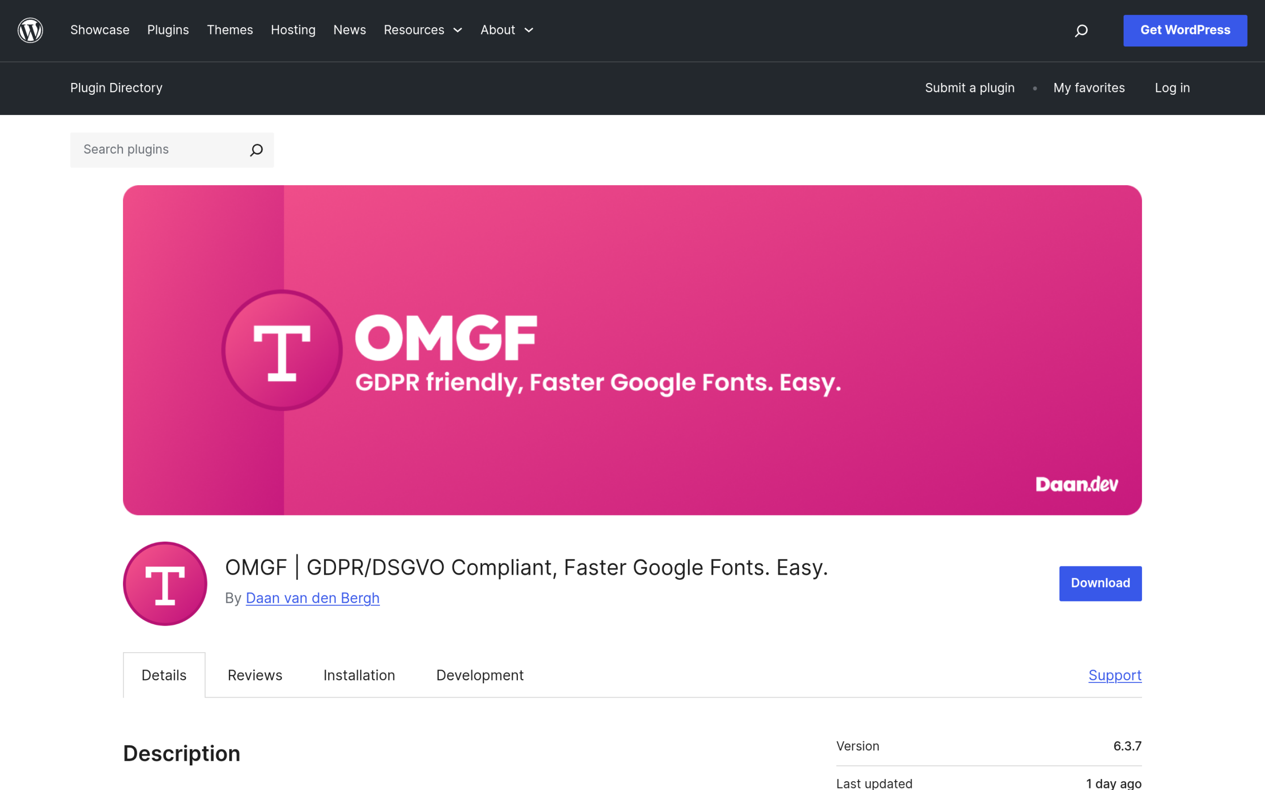 How to Host Google Fonts Locally in WordPress (3 Proven Ways) OMGF plugin page for self-hosting Google Fonts in WordPress
