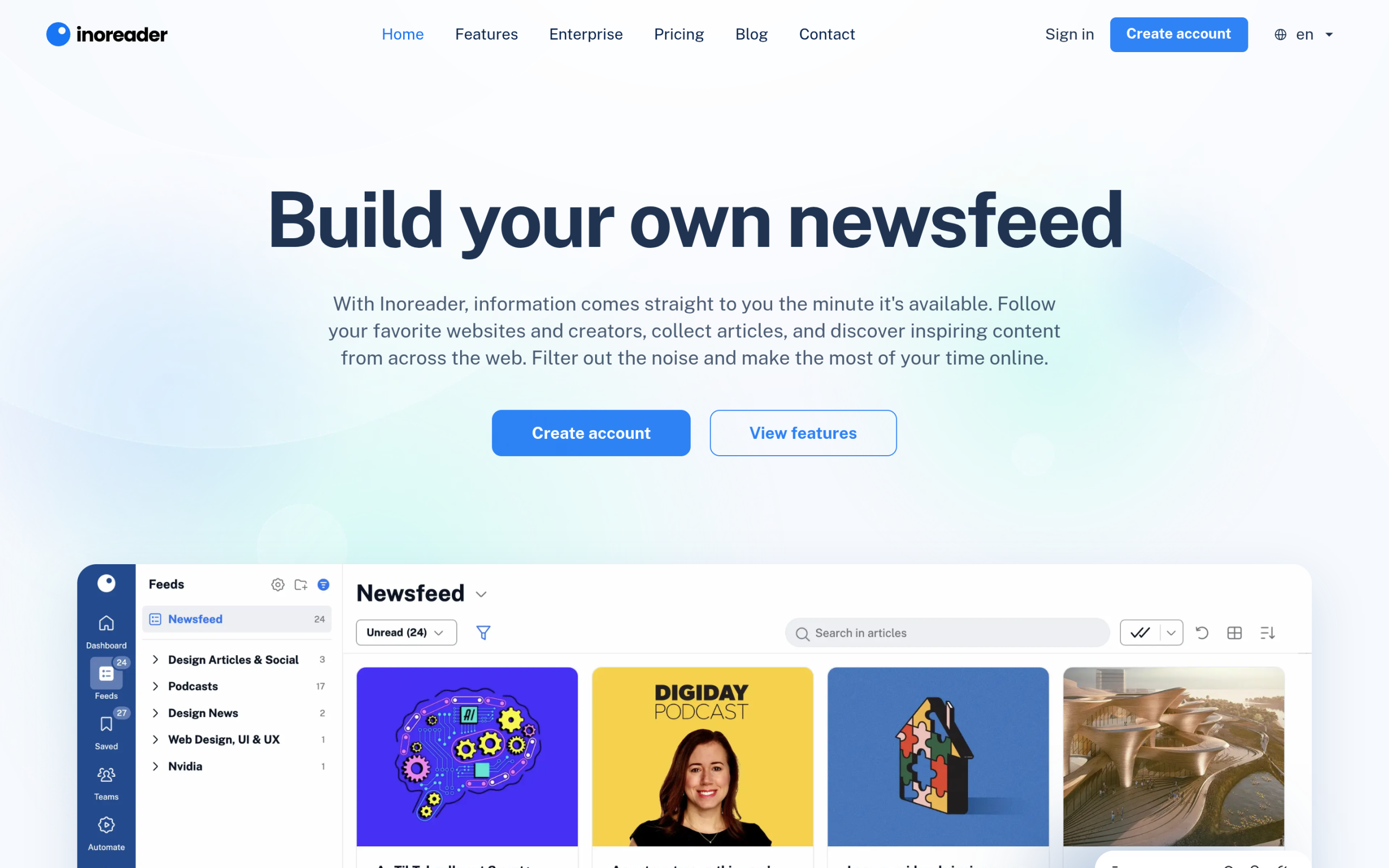 7 Best News Aggregator Websites to Follow in 2026 Inoreader homepage showing its RSS and feed monitoring interface