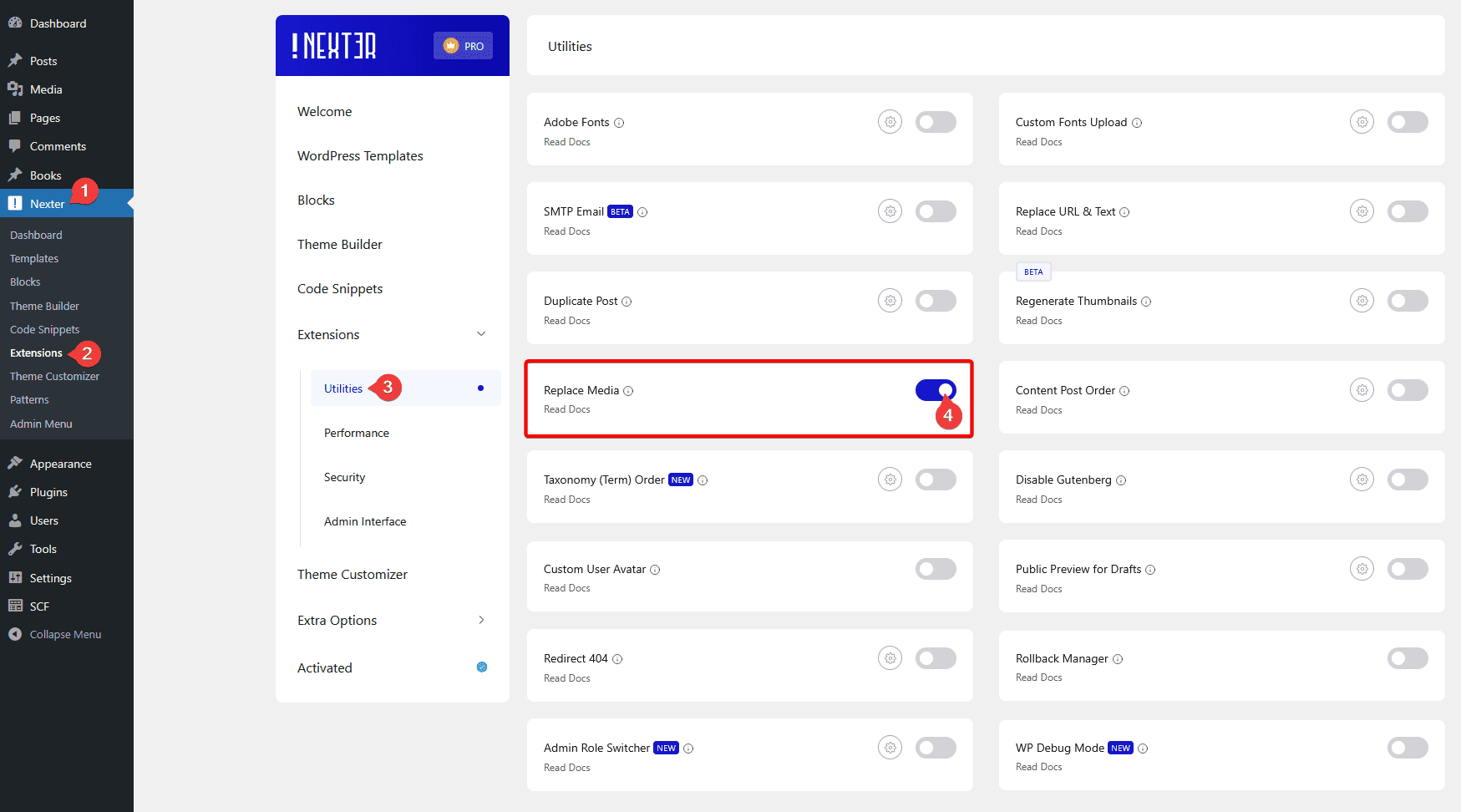 Replace Media toggle enabled in Nexter Extension Utilities settings