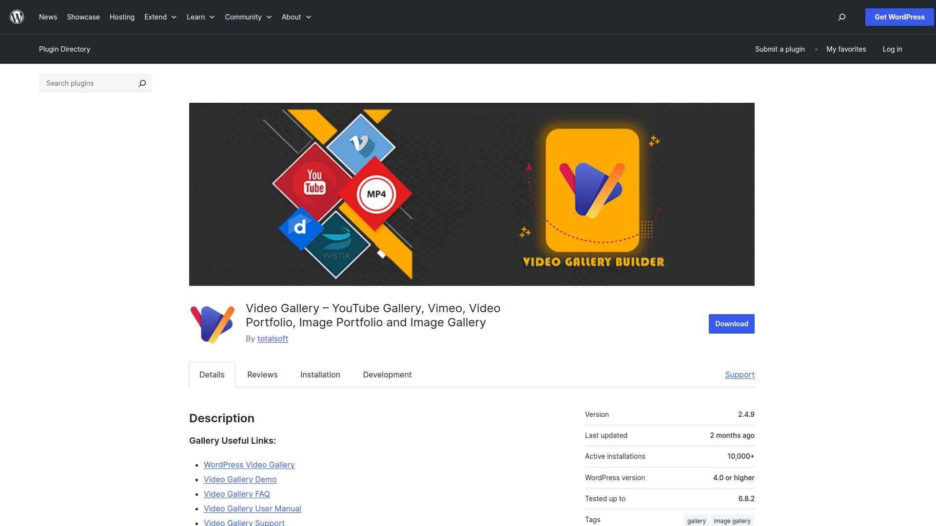 Video Gallery plugin by TotalSoft supporting YouTube, Vimeo, Wistia and MP4