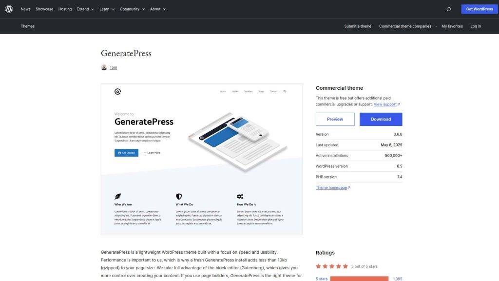 GeneratePress WordPress theme homepage, OceanWP vs GeneratePress comparison