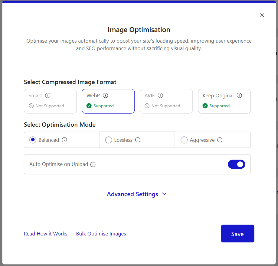 Nexter Extension Image Optimisation settings screen in WordPress