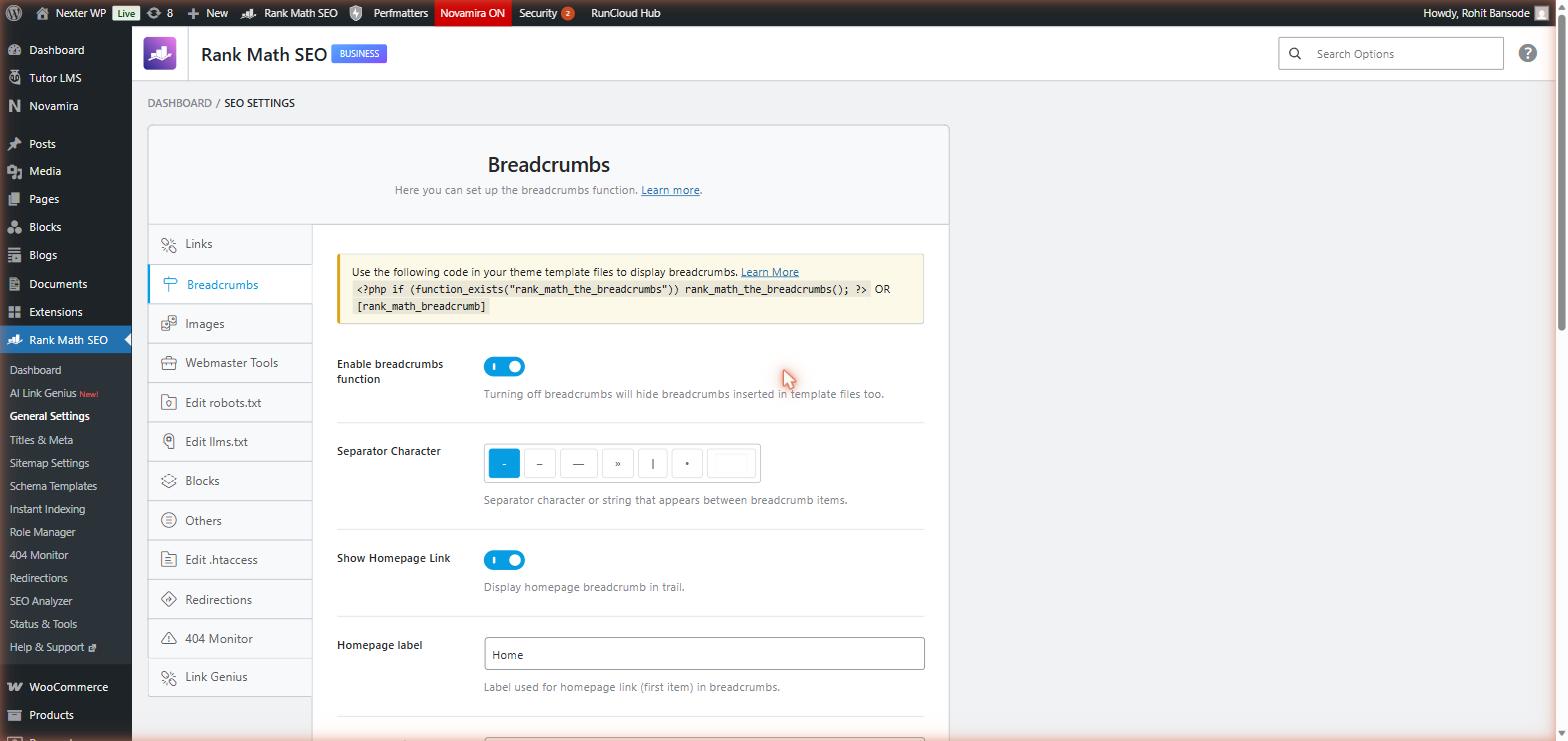 How to Add Breadcrumbs in WordPress (With Breadcrumb Schema) Rank Math SEO breadcrumbs settings page with the Enable Breadcrumbs Function toggle turned on