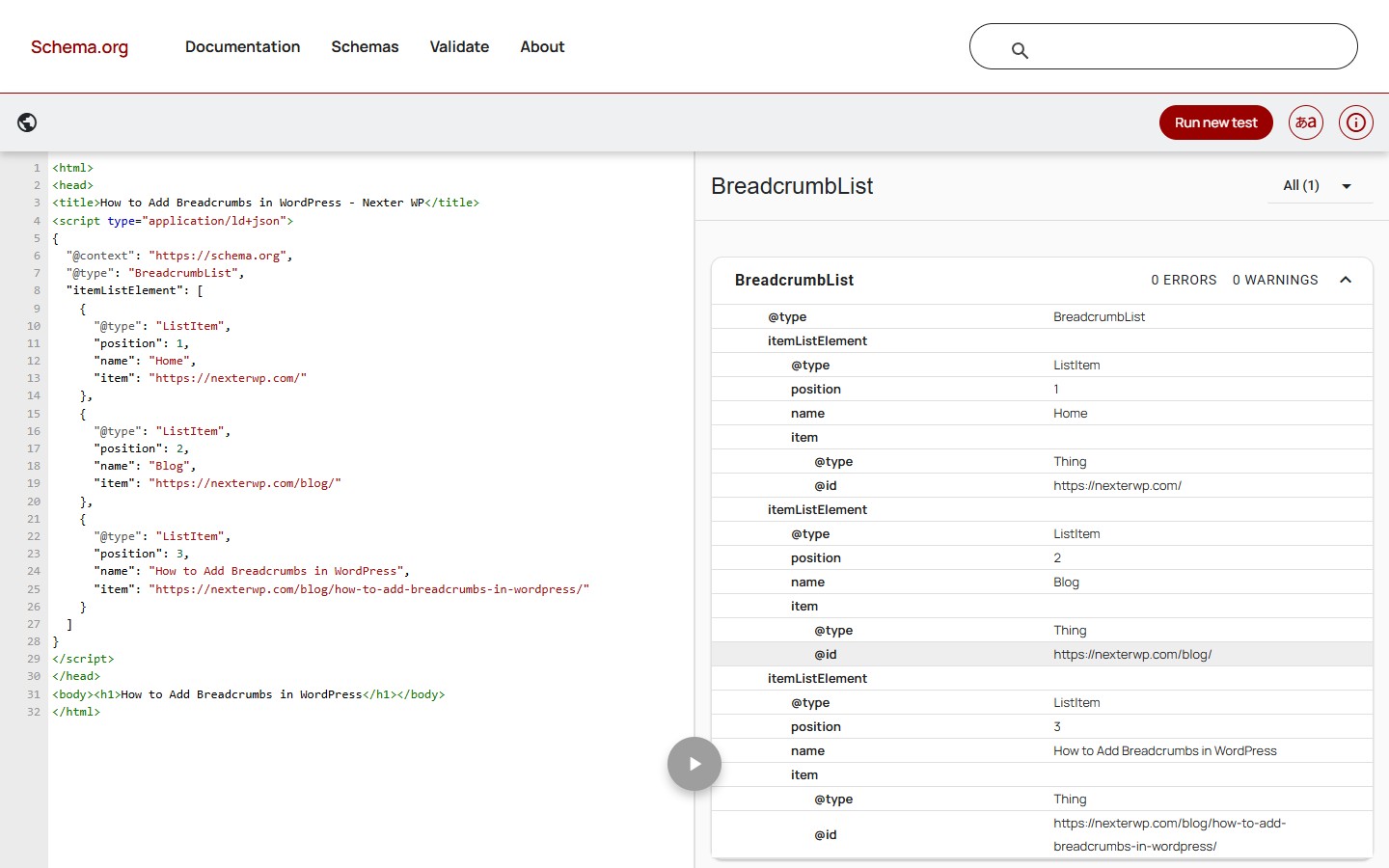 How to Add Breadcrumbs in WordPress (With Breadcrumb Schema) Schema.org structured data validator showing BreadcrumbList detected with zero errors
