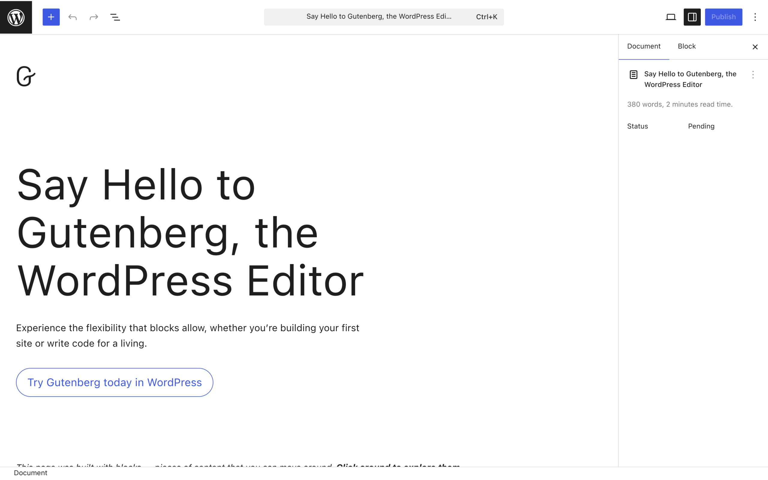 WordPress block editor screen where posts, pages, and custom post types are edited