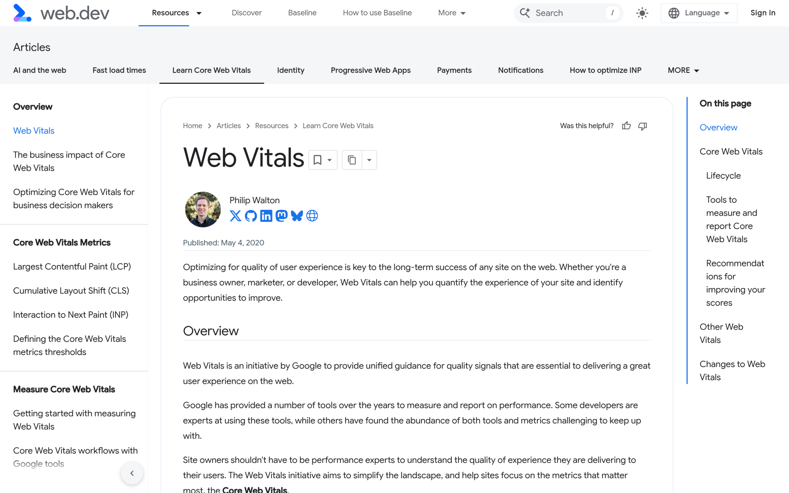 Gutenberg Core Web Vitals: How to Speed Up a Block-Theme WordPress Site in 2026 web.dev page showing the three Core Web Vitals and their good thresholds