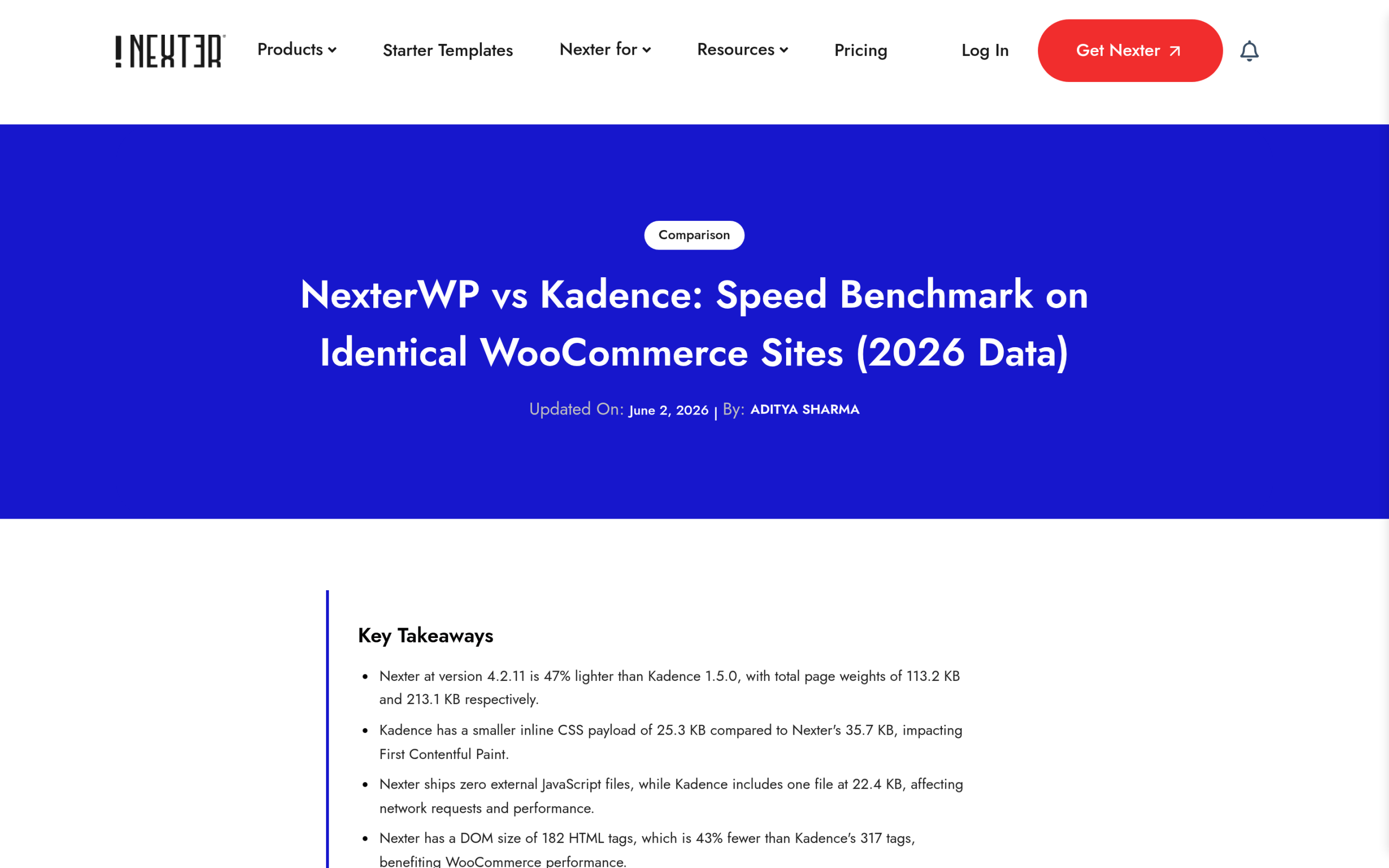Gutenberg Core Web Vitals: How to Speed Up a Block-Theme WordPress Site in 2026 NexterWP vs Kadence speed benchmark showing 113.2 KB versus 213.1 KB page weight